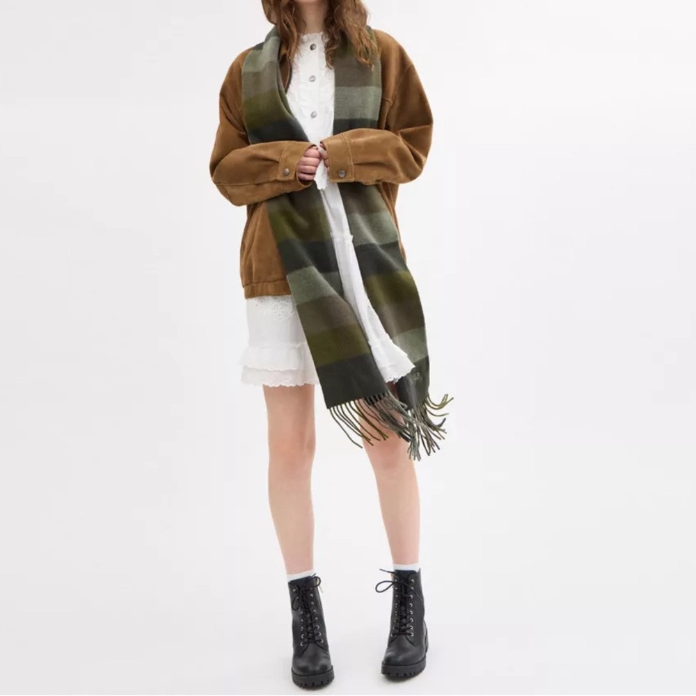 NWT Coach Check Print Extra Long Muffler Scarf Wool 4629 Olive Drab Army RARE - Picture 2 of 2